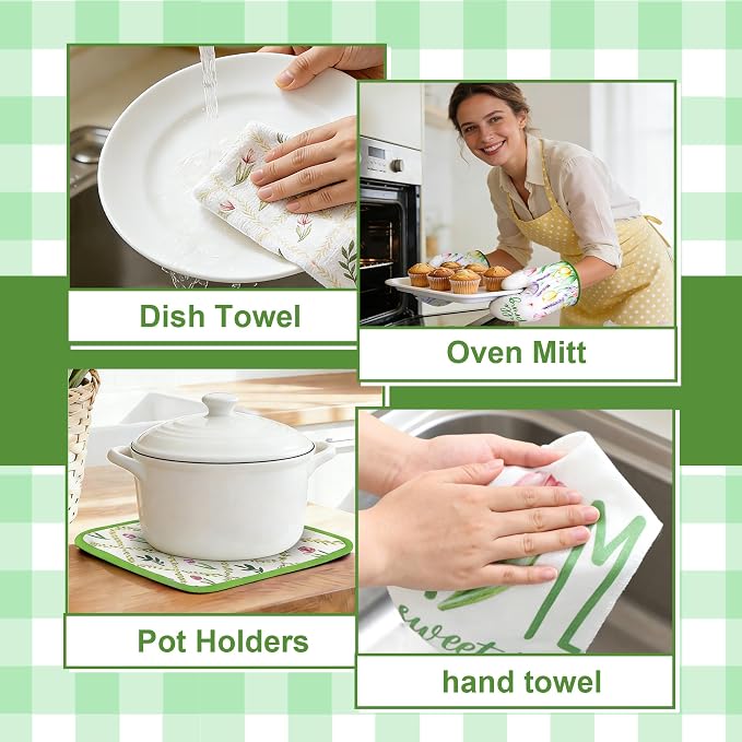 8 Pcs Tulip Floral Spring Style Kitchen Towels Oven Mitts Pot Holders Sets 4 Dish Towels 2 Absorbent Square Potholders 2 Heat Resistant Glove for Cooking Baking Home Mother’s Day Gifting ﻿