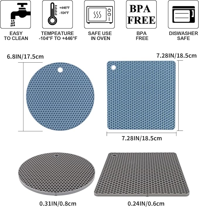 Trivets for Hot Dishes, 4 Pack Silicone Hot Pads for Kitchen, Non-Slip Heat Resistant Silicone Mat for Countertops, Spoon Rest, Multipurpose Food Grade Thick Trivet(Gray& Blue) Pot Holders