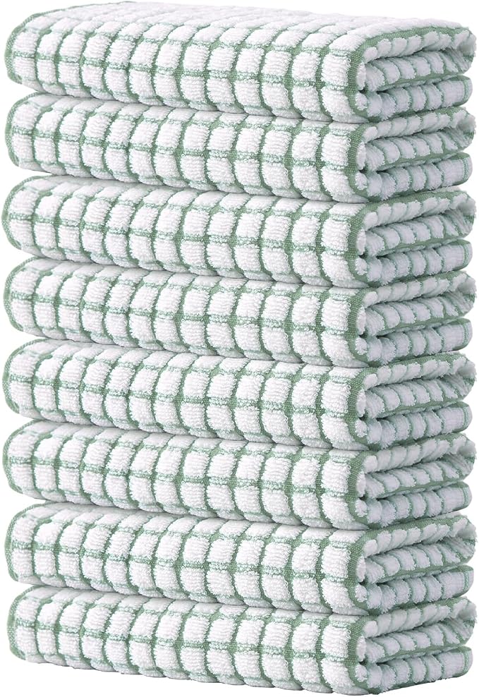 Kitinjoy Cotton 8 Pack Terry Kitchen Towels, Grass Green | 16 x 25 Inches Super Soft and Absorbent Dish Towels, Quick Drying hand towels for kitchen Drying