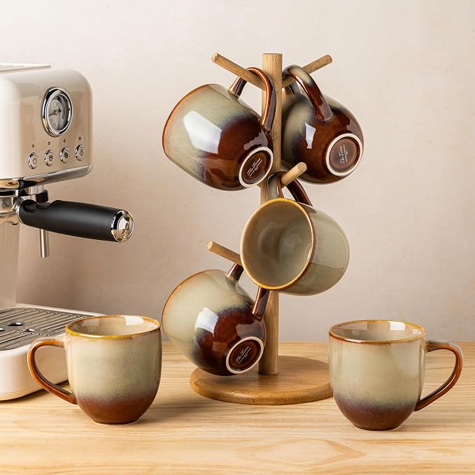 theterra Ceramic Coffee Mugs Set of 6, 12 oz Coffee Cups with Handle | Handmade, Suitable for Latte, Tea, Milk, Beer & Hot Cocoa, Creamy Amber