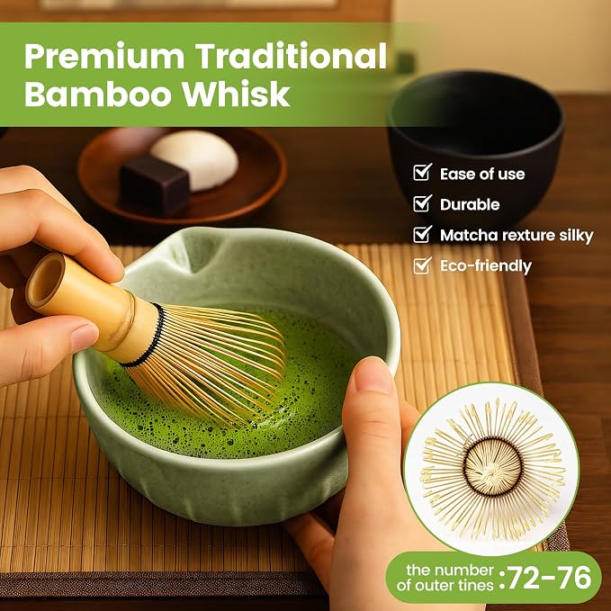 Matcha Whisk Set, Japanese Tea Set (5pcs) includes Matcha Bowl with Spout (19 oz), Bamboo Whisk, Matcha Scoop, Matcha Whisk Holder (Chasen Holder), Stainless Steel Sifter, Macha Kit
