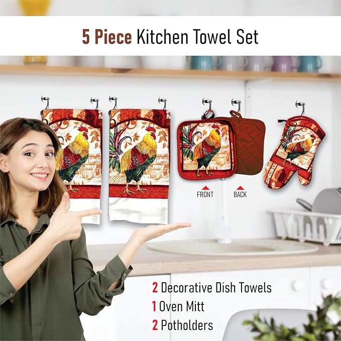 Rustic Rooster Kitchen Set – 5 Piece Set | Kitchen Towel Set with 2 Decorative Dish Towels (25 X15), 1 Oven Mitt (11 X 7) and 2 Potholders (6.5 X 6.5)
