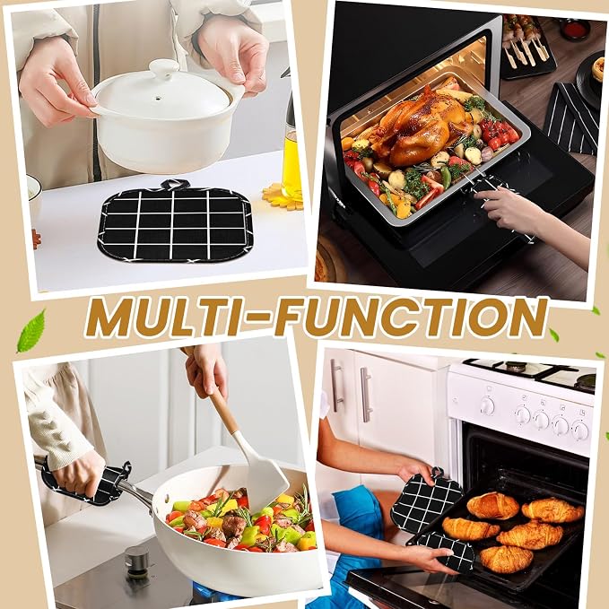 4pcs Pot Holders for Kitchen, Cotton Kitchen Hot Pads, Heat Resistant Oven Mitts and Pot Holders Sets (Black Grid,6)