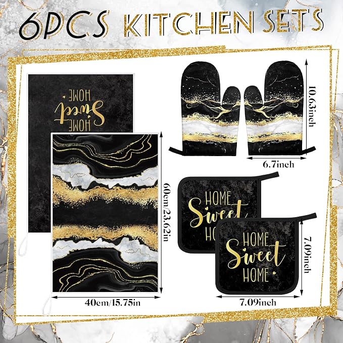 Bencailor 6 Pcs Marble Kitchen Decor Gold Pot Holders Oven Mitts 2 Dish Towels 2 Farmhouse Cooking Mittens Oven Glove and Potholder for Baking Cooking Grilling Supply Accessories(Black)