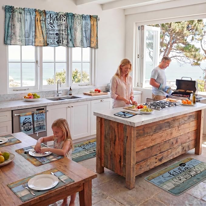 Fourluoo 16 Pcs Farmhouse Kitchen Decor Set 4 Kitchen Towels 4 Placemats 2 Non Slip Rugs and Mats for Floor 2 Spring Oven Mitts Gloves 2 Pot Holders 2 Floral Curtains for Home Decoration Gift