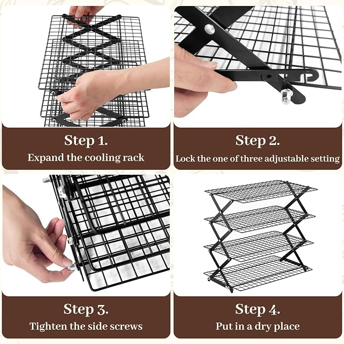 Pleafind 2/3/4-Tier Collapsible Cooling Rack - 3 Setting Design, Adjustable ＆ Stackable Baking Rack, 5 Modes Cooling Racks for Cooking and Baking, Roasting ＆ Grilling Gifts for Picnic Party