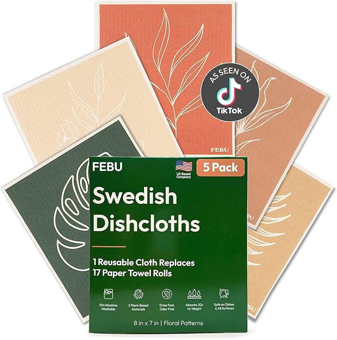 Swedish Dishcloths for Kitchen | 5 Pack Floral Reusable Paper Towels Washable | Swedish Dish Towels | Non-Scratch Cellulose Sponge Cloths | No Odor, Biodegradable Cleaning Cloths