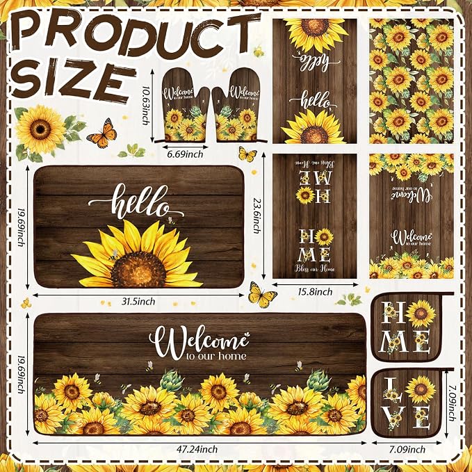 Fourluoo 10 Pcs Sunflower Kitchen Set Kitchen Towels and Rugs Mats Oven Mitts and Pot Holders Sets Brown Woodgrain Decor for Cooking Baking Grilling Gift