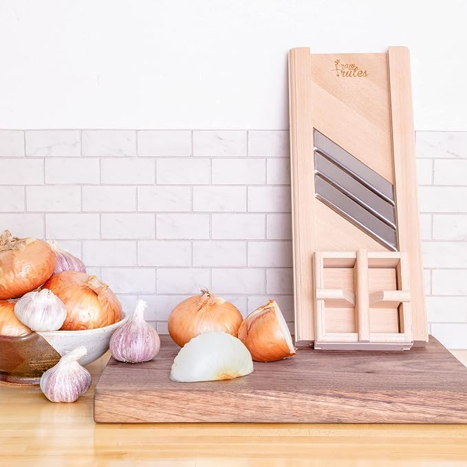 Compact Wooden Cabbage Shredder Slicer with Hand Guard for Finely Cut Sauerkraut and Coleslaw - Natural Unfinished Beech Hardwood with Stainless Steel Blades