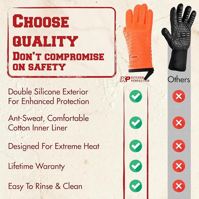 Kitchen perfection Silicone Pizza Oven Gloves - Heat Resistant Oven Mitts | Waterproof, 5-Finger Design For A Better Grip, for Outdoor & Indoor Pizza Ovens, Compatible with Ooni, Ninja, Gozney & More