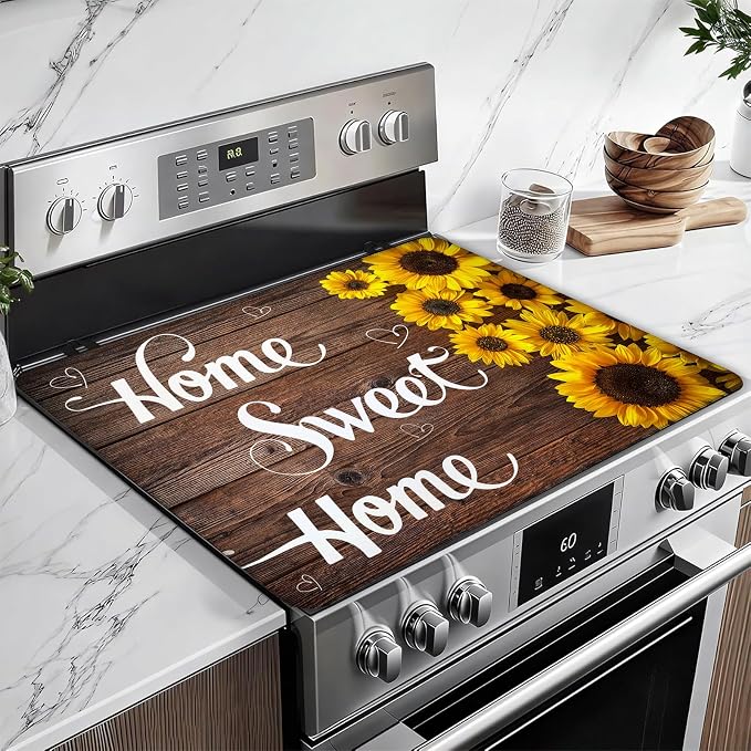 Home Sweet Home Stove Top Covers for Electric Stove, Wooden Grain Electric Gas Stove Pad Heat Resistant Range Cooktop Protector for Home Decor Kitchen 28"x20"