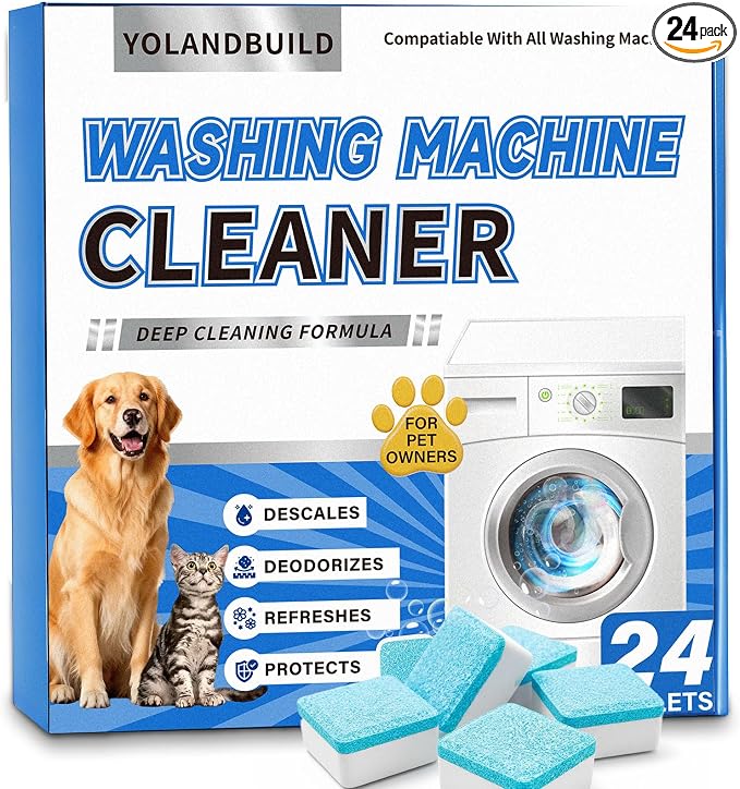 Washing Machine Cleaner Tablets - 24 Pack. Formulated for Pet Owners.Washer Machine Cleaner Remove Stubborn Pet Hair, Residue, Grime and Odors,Compatible with HE, Top & Front Load Washer