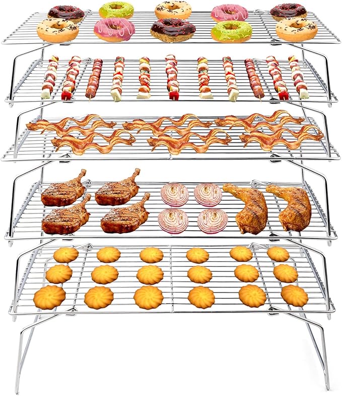TeamFar Cooling Rack, 5-Tiers Stainless Steel Baking Cooling Wire Rack | for Baking Roasting Cooking, Healthy & Firmly Weld, Stackable & Collapsible, Dishwasher Safe, 15"x10"