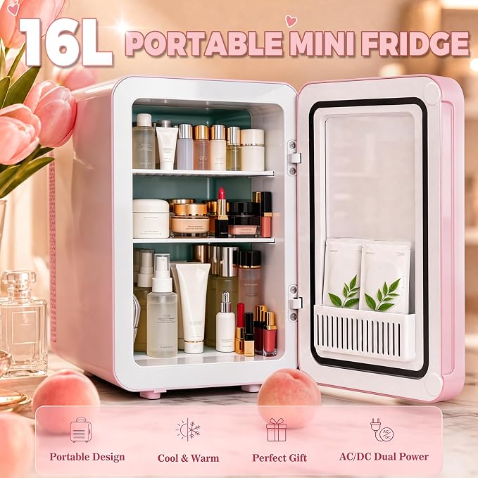 Kikihouse 16L/20L Skincare Fridge with LED Mirror, Small Fridge for Makeup | Portable Skin Care Fridge for Beauty, Cosmetics, Personal Mini Refrigerator for Food, Office, Dorm, Car, Cooler & Warmer