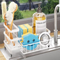 Consumest Sponge Holder for Kitchen Sink - Auto Draining Sink Caddy Organizer with Detachable Rack, High Brush Holder, Kitchen Countertop Storage Accessories, White