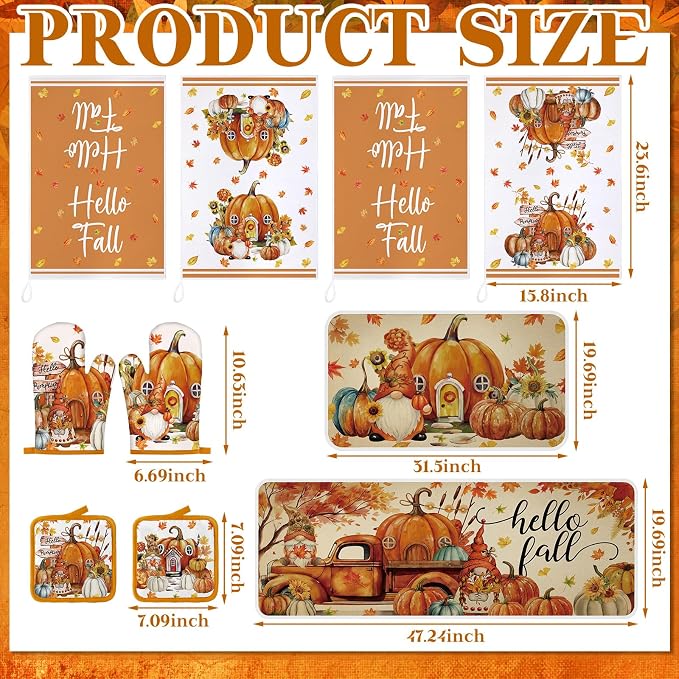 Fanfanwin 10 Pcs Fall Pumpkin Kitchen Decor and Accessories Set Autumn Kitchen Towels Rugs Pot Holders Oven Mitts Set Gnome Maple Leaves Decorations for Baking Cooking BBQ Autumn Home
