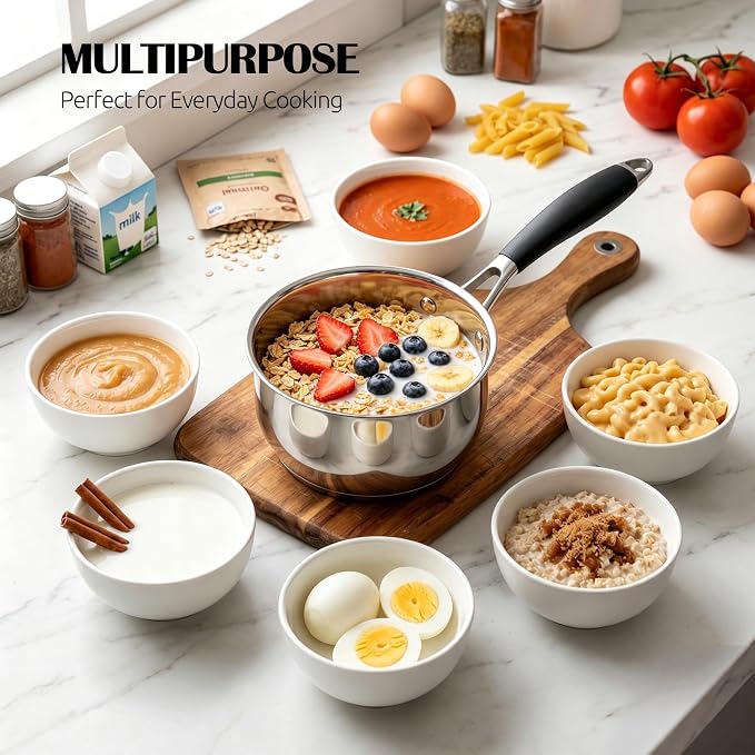 E-far 1 Quart Saucepan with Lid, Small Stainless Steel Sauce Pan for Milk | Tri-Ply Base, Multipurpose Pot for Kitchen Cooking, Compatible with All Cooktops, Silicone Handle, Non-toxic, Dishwasher Safe