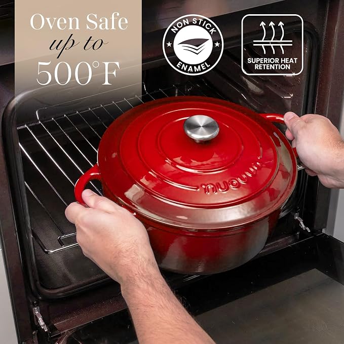 Nuovva Enamelled Cast Iron Dutch Oven Pot with Lid-6.4 Quart Non Stick Casserole Pot-Heavy Duty & Oven Safe up to 500° F for Bread Baking, Braising, Stews, Roasting - 28cm Red