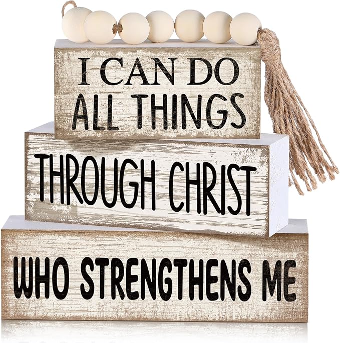 Lineshading 4 Pcs Christian Wood Block Signs, Farmhouse Tiered Tray Decor | Rustic Tabletop Pieces with Beads, Inspirational Bible Verse, God Sign for Home Shelf, I Can Do All Things Through Christ
