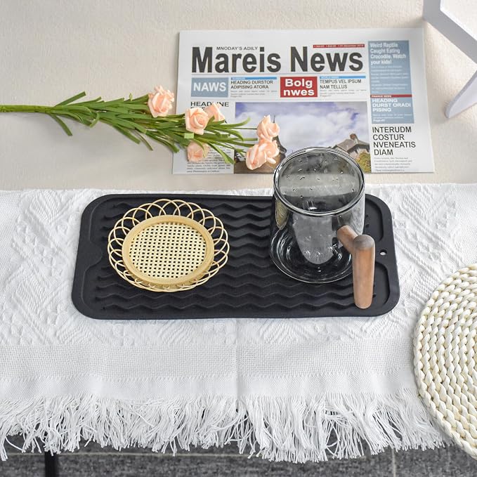 Silicone Dish Drying Mat, Non-Slip Easy Clean Sink Mat, Dark Green ,12"x6" | Quick-Dry Ridges, Large Heat-resistant Dish Drainer Mat for Kitchen Counter, Hangable & Roll-Up for Storage, Dishwasher Safe