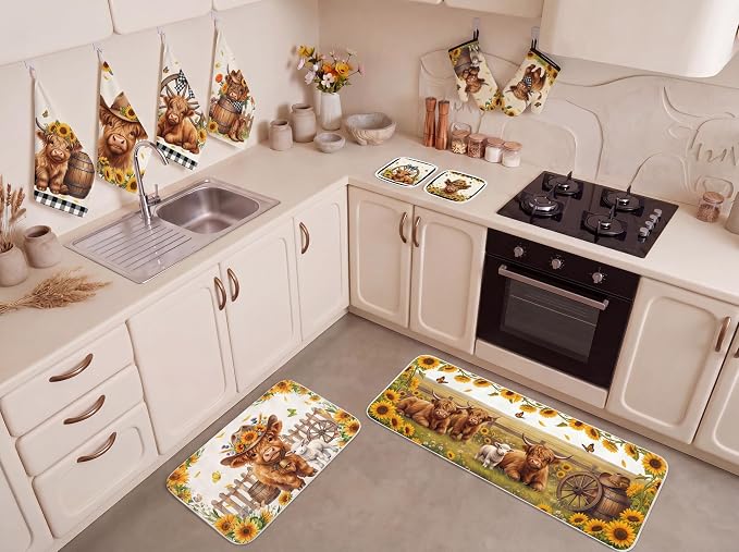 10PCS Highland Cow Kitchen Decor Set, Sunflower Towels Pot Holders Oven Mitts Mats for Home Baking Gifts
