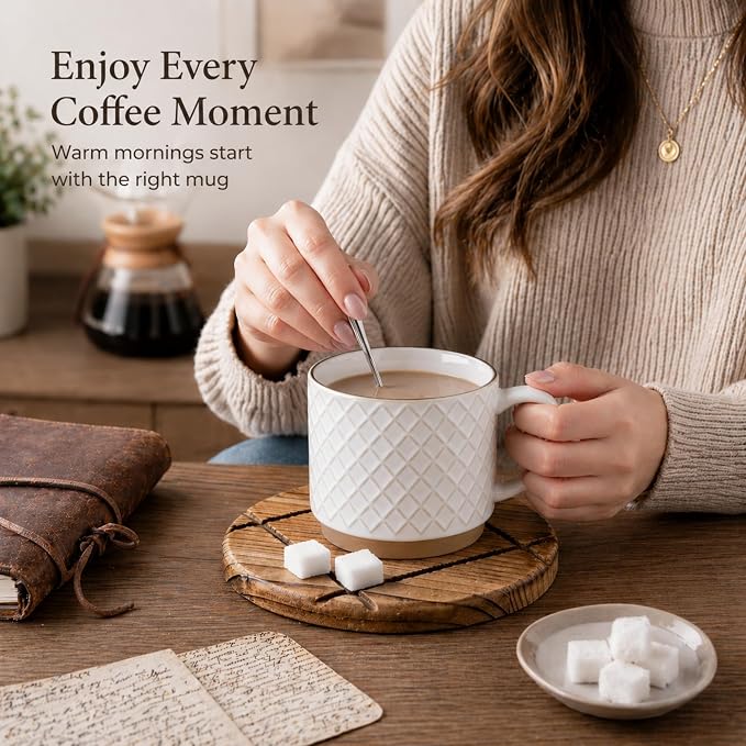 GBhome 15 OZ Stackable Coffee Mugs Set of 4, Ceramic Coffee Cups Set | 4 Assorted Designs, Embossed Mugs with Texture Patterns for Tea/Coffee, Dishwasher&Microwave Safe, Off White