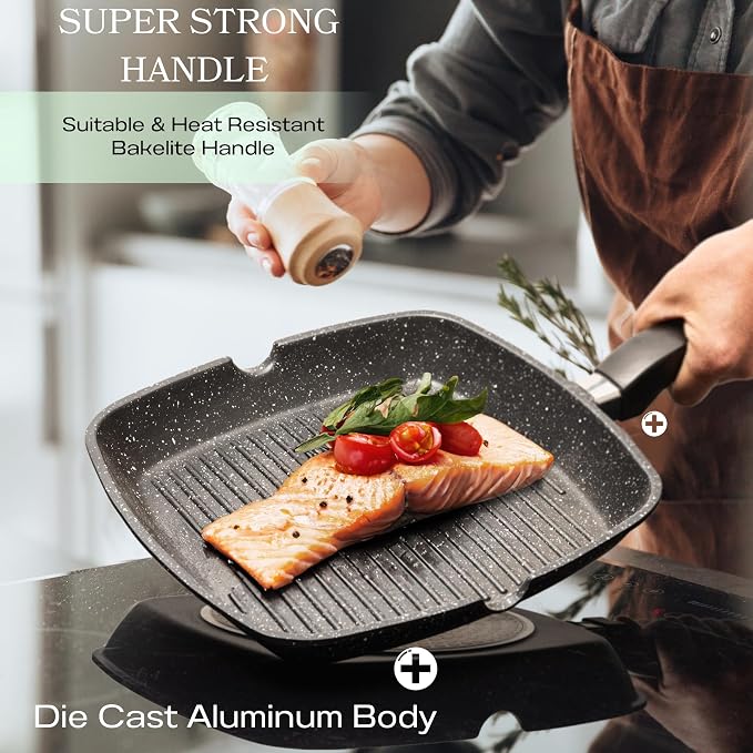 Moss & Stone Grill Pan for Indoor Cooking, 11" Nonstick Square Grill Pan | Aluminum Versatile Induction Griddle Pan for Gas, Electric & Ceramic Stovetops, Skillet with Pour Spouts