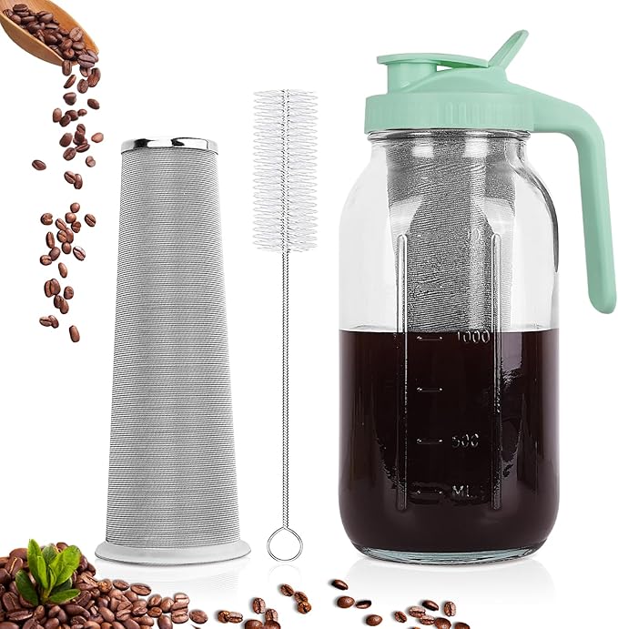 Cold Brew Coffee Maker, 64 oz Mason Jar Pitcher with Stainless Steel Filter, Pour Spout Handle Lid, Heavy Duty Glass Airtight & Leak-Proof for Iced Coffee,Tea & Lemonade