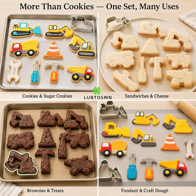 Construction Cookie Cutter Set-3 Inches-9 Piece- Excavator Digger Bulldozer Dump Truck Hammer Wrench Construction Tools Cutters Molds for Kids Construction Themed Party | Dishwasher-safe stainless steel cutters for cookies, fondant, sandwiches, constru...