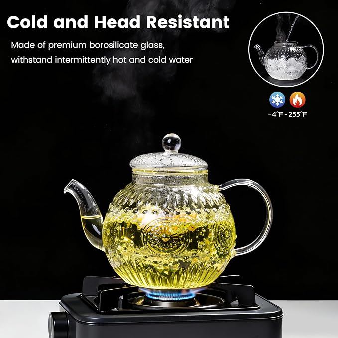Bandesun Vintage Glass Teapot Set with 4 Cup, 32oz Borosilicate Tea Pot with Removable Infusers for Blooming and Loose Leaf Tea, Tea Warmer with Candlelight, Stovetop Safe, Gift for Women and Adults