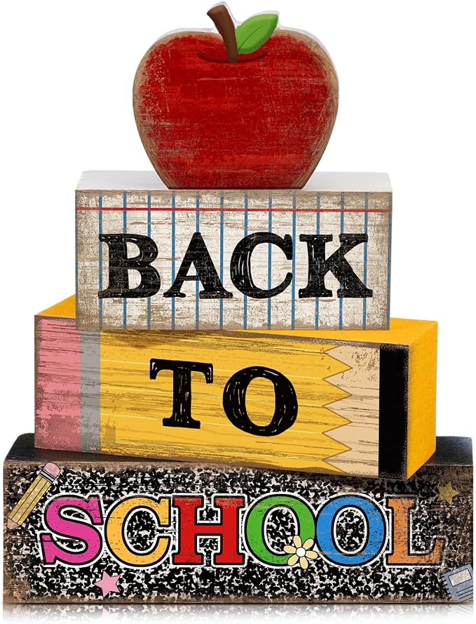 Lineshading 4 Pcs Back to School Table Decor Wooden Apple Blocks Sign | Back To School Tiered Tray Decor Apple Centerpieces Rustic Wood Pencil Block Sign Farmhouse Gifts For Class Party Home Shelf