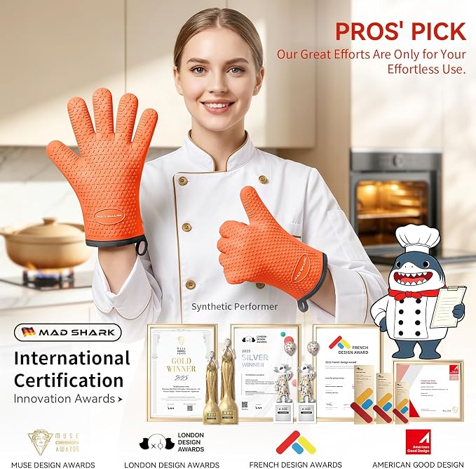 MAD SHARK Silicone Oven Mitts with Fingers Heat Resistant 450°F in Kitchen | Waterproof & Non-Slip Oven Gloves,Cotton Lined Silicone Kitchen Mitts for Baking Cooking Barbecue,Women (Orange)