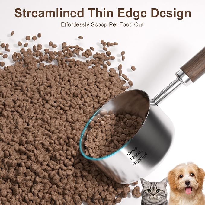 Dog-Cat Food Scoop Measuring-Cup - 1/2 Cup (4 Oz),304 stainless steels,Black walnut long handle…