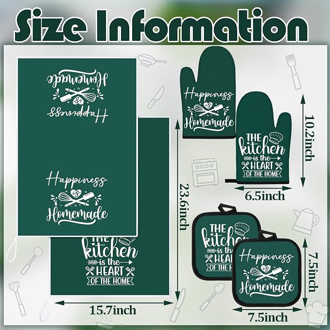Sratte 6 Pcs Kitchen Decor Accessories Set, Kitchen, Dark Green | Farmhouse Kitchen Towels Pot Holders Oven Mitts Set 2 Dish Towels 2 Potholders 2 Cooking Mittens for Baking Cooking Supply