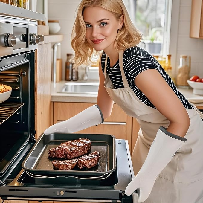 15" Long Silicone Oven Gloves, Heat Resistant Kitchen Oven Mitts (8/M) | Food Grade Waterproof Silicone Gloves for Cooking, Grilling & Smoker Barbecue, Sourdough Baking