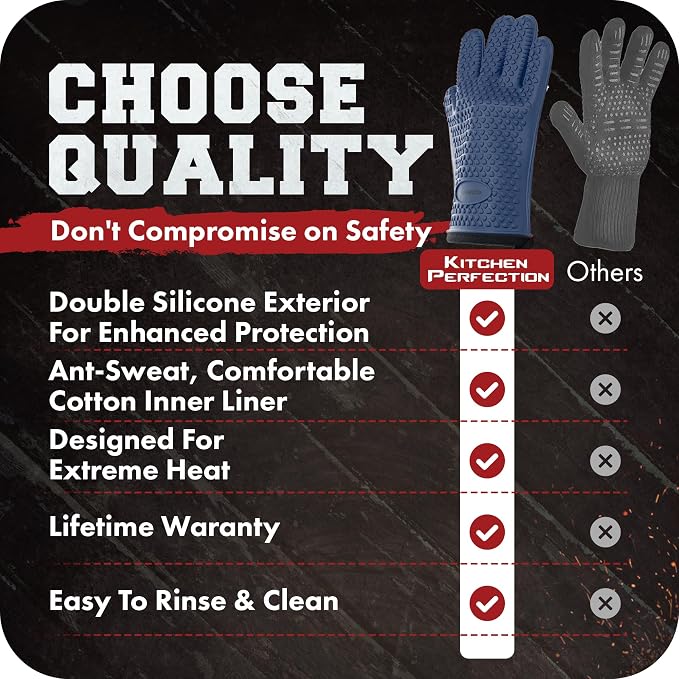 KITCHEN PERFECTION XL Silicone Smoker BBQ Gloves -Heat Resistant Oven Mitts | Waterproof, 5-Finger Design For A Better Grip, for Pitmasters, Meat Smoking, Grilling, Cooking, Frying Turkey | Grill Gift