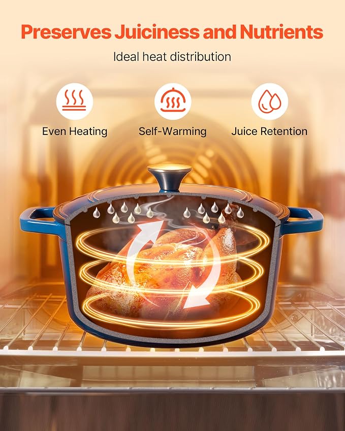 VEVOR Enameled Cast Iron Dutch Oven, 6 Quart Pot with Lid and Dual Handles, Heavy-Duty Durable Cookware Pan, Oven Induction Compatible up to 500℉, for Braising, Stews, Roasting, Bread Baking, Blue