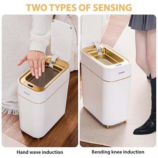 Pukomc Automatic Small Sensor Trash Can with Touchless Lid | 2.3 Gallon / 9L Smart Garbage Can, Quiet Close White Gold Waste Bin - Perfect for Kitchen, Living Room & Small Spaces