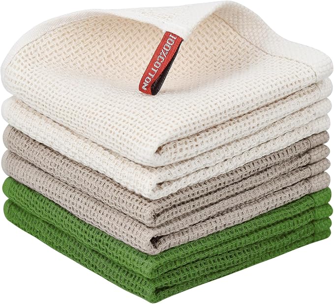 Nialnant 6 Pack Kitchen Towels, 100% Cotton Absorbent | Dish Cloth for Washing Dishes, Quick Drying Dish Rags, Multipurpose Cleaning Rags-12x12 Inches