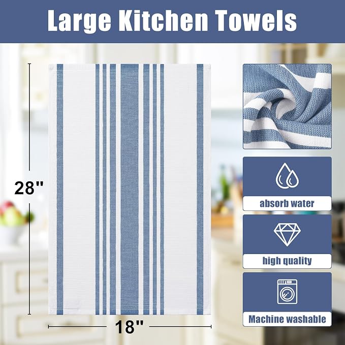 Homaxy Premium Cotton Stripe Kitchen Towels 8 Pack, 18"x 28", Navy Blue | Large 380 GSM Kitchen Hand Towels, Soft Terry Dish Towels, Highly Absorbent Tea Towel Set with Hanging Loop