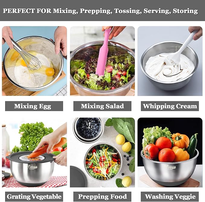 Wildone Mixing Bowls with Airtight Lids, Stainless Steel Mixing Bowls Set | Metal Bowls with 3 Grater Attachments & Non-Slip Bottoms, Size 5, 4, 3, 2,1.5, 0.63QT, Includes Utensil Set for Prep, Gray