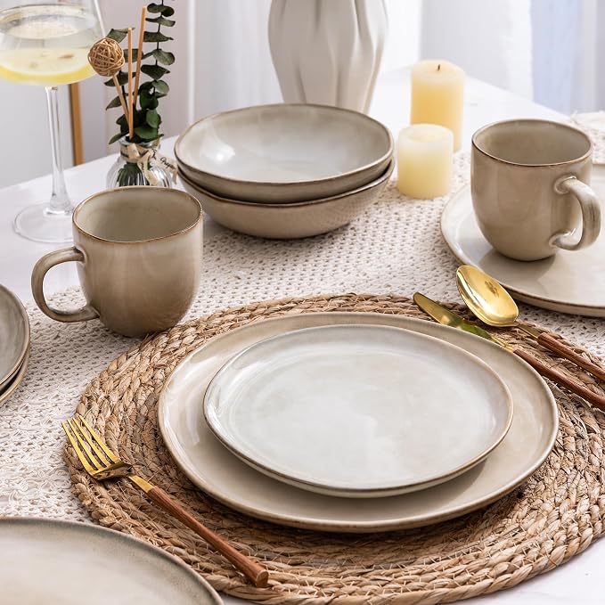 AmorArc Ceramic Dinnerware Sets for 4, 12Pcs Plates and Bowls Sets Dishes | Stoneware Handmade Reactive Glaze Dinner Set, Highly Scratch Resistant | Dishwasher & Microwave Safe Dishware-Cappuccino