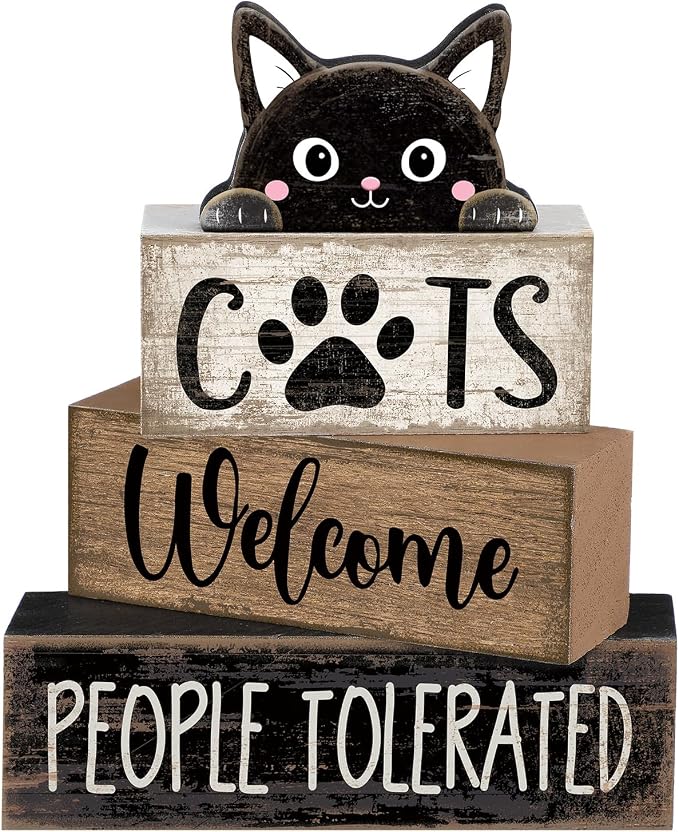 Lineshading 4 Pcs Cat Wooden Sign Set, Farmhouse Tiered Tray Decor | Stackable Welcome Blocks with Cat Topper, Rustic Wood, People Tolerated Sign, Tabletop Shelf Decor for Pet Owners