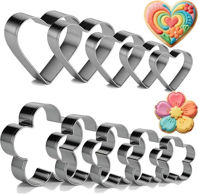 10PCS Heart Cookie Cutter & Flower Cookie Mold, Stainless Steel Kitchen Baking Supplies, Sandwich Cutters, 5 Sizes for Fondant Cake, Cookies, Biscuits & DIY Party Decor (Heart-Flower)