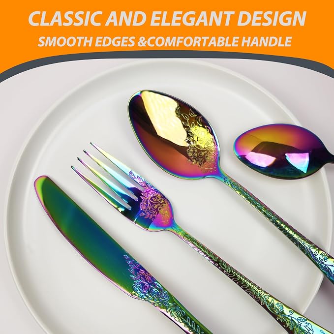 Runfly Modern Carved Floral Rainbow Stainless Steel 20-Piece Flatware Set | Silverware Set, Vintage Utensil Set, Cutlery Set for Home and Kitchen, with Knife/Fork/Spoon