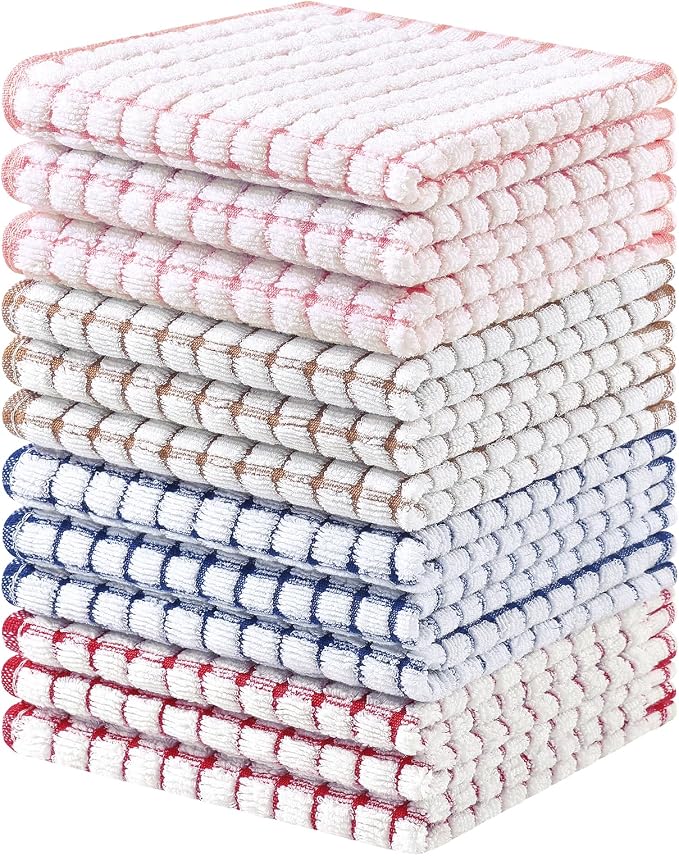 Homaxy 12 Pack Terry Kitchen Dish Cloths, 12"x12", Blue/Pink/Red/Brown | Super Soft and Absorbent Dish Rags, Quick Drying Reusable Dish Towels for Washing Dishes