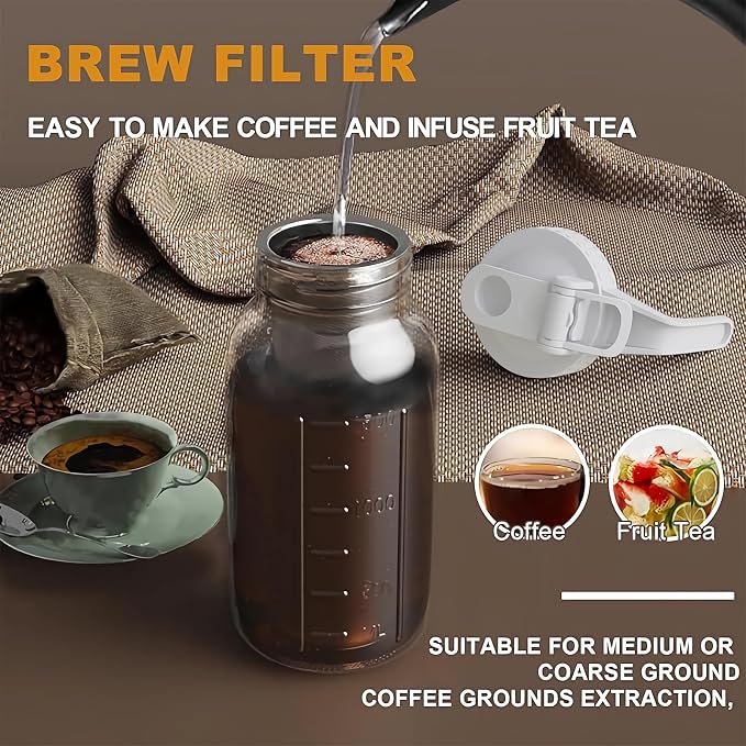 Cold Brew Coffee Maker, 64 oz Glass Mason Jar Pitcher | 100μm stainless steel filter, wide mouth design, leak-proof lid with handle, pour spout for iced coffee, tea and cold drinks