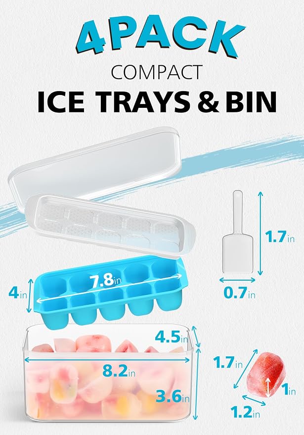 DOQAUS Ice Cube Tray with Lid and Bin, 4 Pack Ice Bucket Kits for RV | Stackable Silicone Ice Trays for Freezer, Easy Pop Out, BPA Free for Cocktail, Coffee, Soup, Food, Kitchen