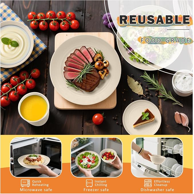 Wheat Straw Dinnerware Sets for 8, 32 PCS Unbreakable Plates and Bowls Sets, Kitchen Dish Set - Dinner Plate/Dessert Plate/Cereal Bowl/Cup, for Outdoor Camping RV Apartment Essentials - Beige
