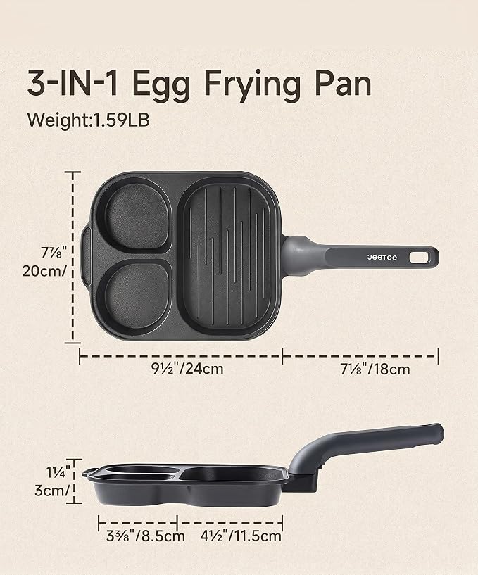 JEETEE Divided Egg Pan&Frying Pan, 3-in-1 Nonstick Omelete Pan, Breakfast Skillet for Eggs, Bacon & Pancakes, Titanium-Enhanced Nonstick Coating, PFOA/PFOS/PTFE Free, Induction Compatible Cookware